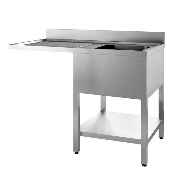 Gastro-M Spültisch mit Sockel und unterer Ablage mm 1200x 700x850 Mit Aussparung Behälter rechts Ablage links