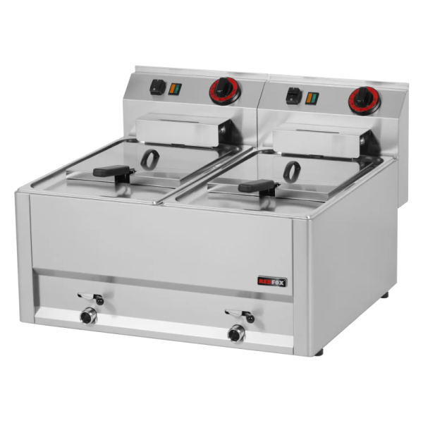 Fritteuse 2x8 Liter aus Edelstahl - mit Ablasshahn, 12 kW, 400V