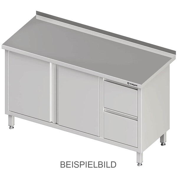 Arbeitsschrank mit Flügeltüren, 1400x600x850 mm, mit 2er Schubladenblock links, mit Aufkantung, verschweißt