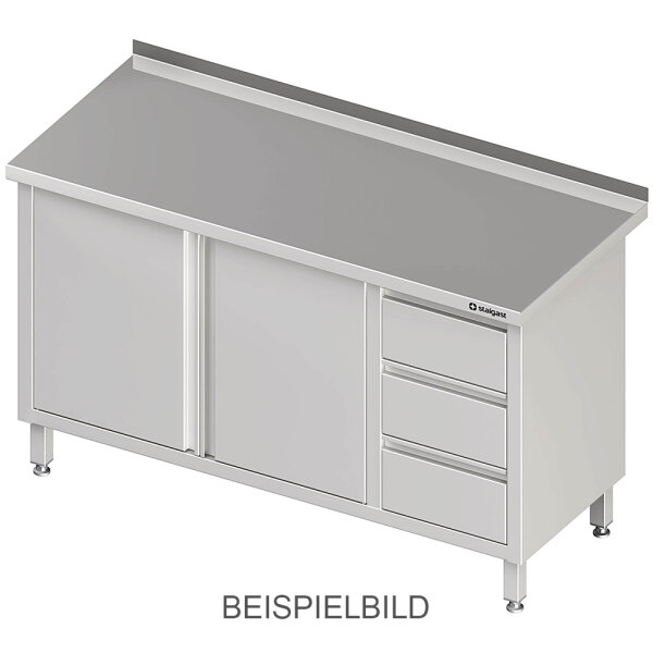 Arbeitsschrank mit Flügeltüren, 1800x700x850 mm, mit 3er Schubladenblock links, mit Aufkantung, verschweißt