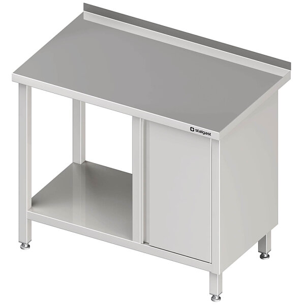 Arbeitstisch mit Grundboden, 1500x600x850 mm, mit Flügeltürschrank rechts, mit Aufkantung, verschweißt