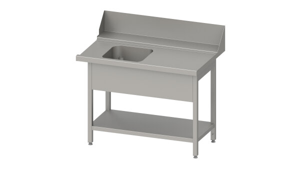 Zulauftisch "PRO", Korbführung mit Gefälle, mit Grundboden, mit einem Becken, 800x750x880 mm, Anbauseite rechts, mit Aufkantung 200 mm und Beckenblende, verschweißt
