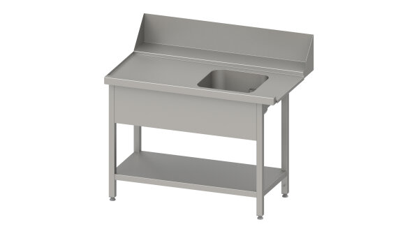 Zulauftisch "PRO", Korbführung mit Gefälle, mit Grundboden, mit einem Becken, 800x750x880 mm, Anbauseite links, mit Aufkantung 200 mm und Beckenblende, verschweißt
