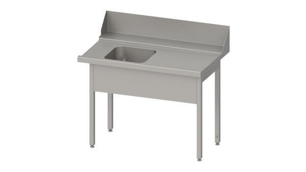 Zulauftisch "PRO", Korbführung mit Gefälle, ohne Grundboden, mit einem Becken, 1000x750x880 mm, Anbauseite rechts, mit Aufkantung 200 mm und Beckenblende, verschweißt