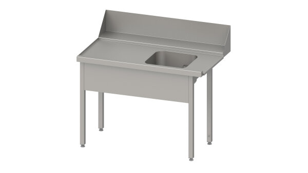 Zulauftisch "PRO", Korbführung mit Gefälle, ohne Grundboden, mit einem Becken, 1100x750x880 mm, Anbauseite links, mit Aufkantung 200 mm und Beckenblende, verschweißt