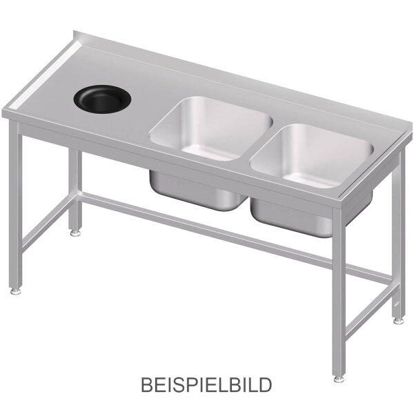 Spültisch ohne Grundboden, mit Abfallloch, 1900x700x850 mm, mit zwei Becken links, mit Aufkantung, verschweißt