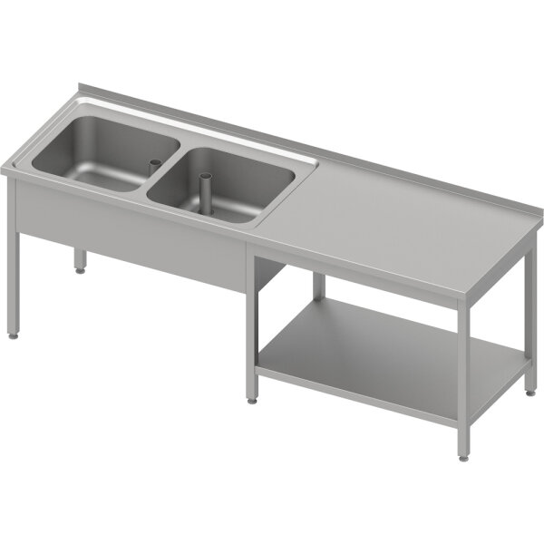 Cheftisch mit Grundboden unter der Arbeitsfläche, mit zwei Becken links 2400x600x850 mm, mit Aufkantung, verschweißt