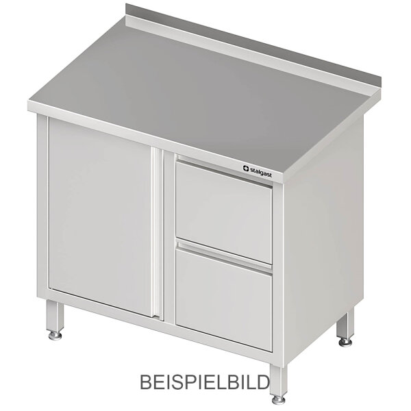 Arbeitsschrank mit Flügeltür, 1000x600x850 mm, mit 2er Schubladenblock rechts, ohne Aufkantung, verschweißt