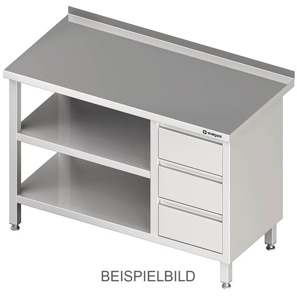 Arbeitstisch mit Grund- und Zwischenboden, 900x600x850 mm, mit 3er Schubladenblock rechts, ohne Aufkantung, verschweißt