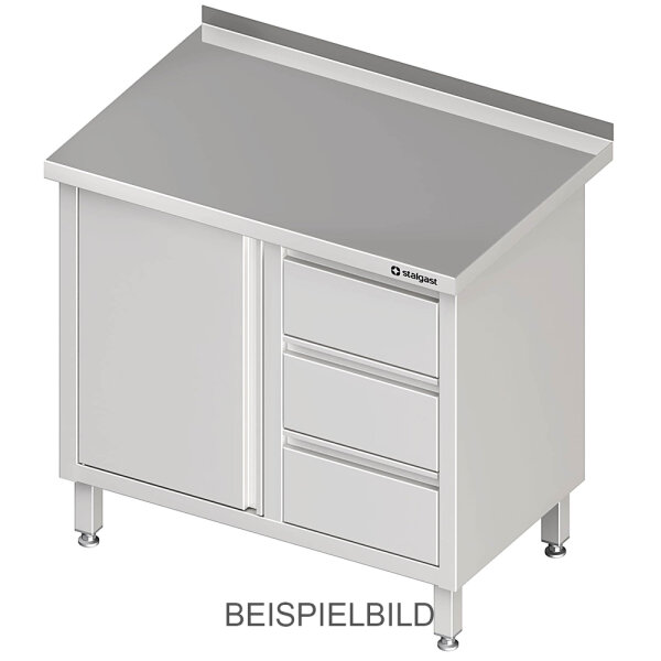 Arbeitsschrank mit Flügeltür, 800x600x850 mm, mit 3er Schubladenblock rechts, ohne Aufkantung, verschweißt