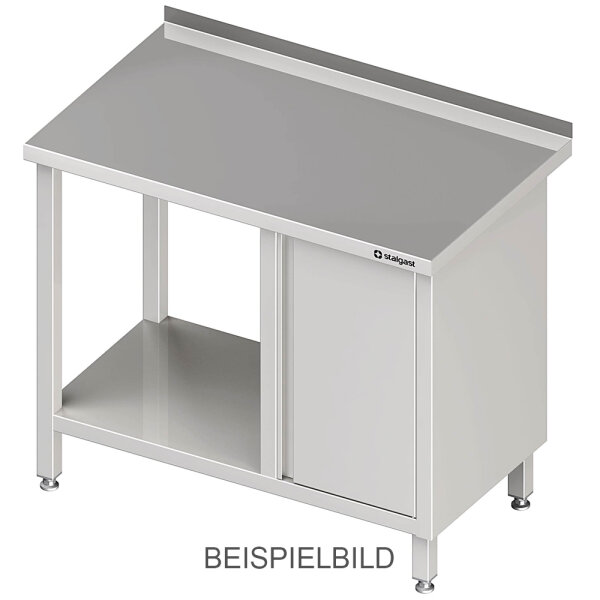 Arbeitstisch mit Grundboden, 1500x600x850 mm, mit Flügeltürschrank rechts, ohne Aufkantung, verschweißt