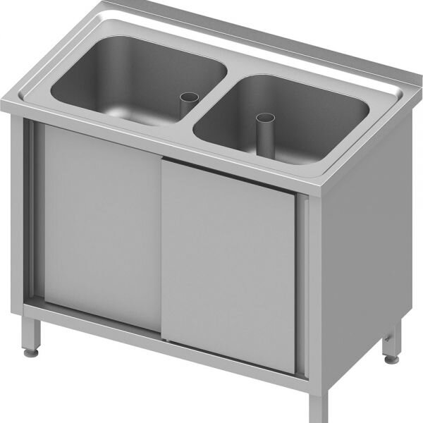Spülschrank mit Schiebetüren 1000x600x850 mm, mit zwei Becken mit Aufkantung, verschweißt