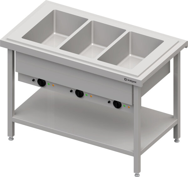 Warmausgabe mit Bain-Marie 3x GN1/1 Einzelbecken, 1245x750x880, Edelstahlabdeckung
