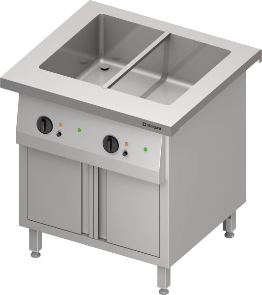 Bain-Marie-Station "Free Flow" mit einem Becken 2x GN1/1, Wärmeschrank und Flügeltüren, 799x750x880 mm Edelstahlabdeckung