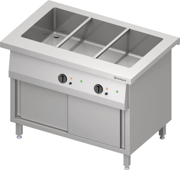 Bain-Marie-Station "Free Flow" mit einem Becken 3x GN1/1, Wärmeschrank und Schiebetüren, 1132x750x880 mm Edelstahlabdeckung