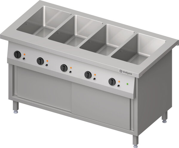 Bain-Marie-Station "Free Flow" 4x GN1/1-Becken, mit Wärmeschrank und Schiebetüren, 1465x750x880 mm Edelstahlabdeckung