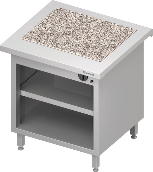 Warmausgabe "Free Flow" mit einer Wärmeplatte aus Granit und offenem Unterschrank 799x750x880 mm, Edelstahlabdeckung