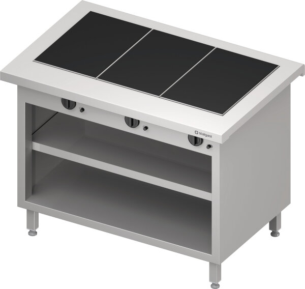 Warmausgabe "Free Flow" mit 3 Wärmeplatten aus Glaskeramik und offenem Unterschrank 1132x750x880 mm, Edelstahlabdeckung