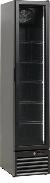 Schmaler Glastürkühlschrank mit 165 Liter - Umluftkühlung, abschließbar, schwarz