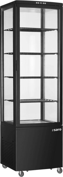 Gastro Kühlvitrine Sven mit LED-Beleuchtung - 4-seitige Displayvitrine, mit Rollen, schwarz