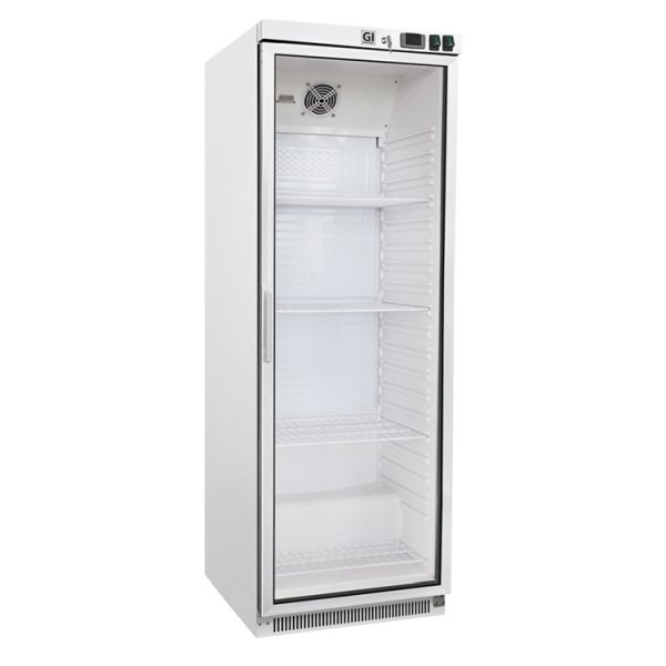 GI Kühlschränk aus weißem Stahl mit Glastür 400 Liter, statisch gekühlt mit Ventilator