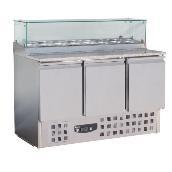 Combisteel Pizzatisch 136 cm mit Granitplatte – 3 Türen, Kühlaufsatz für GN-Behälter