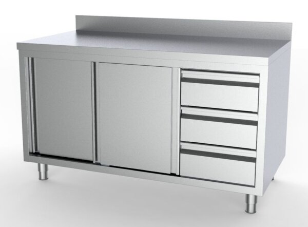 COMBISTEEL Arbeitstisch 1400x700 mm – Mit Schiebetüren, Schubladen rechts und Aufkantung