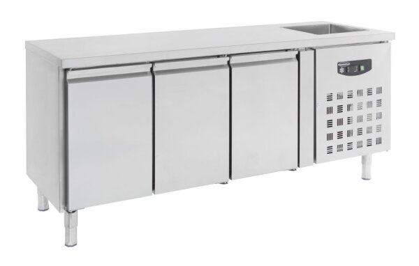 COMBISTEEL Kühltisch mit Spülbecken - Umluftkühlung, 3 Türen, aus Edelstahl